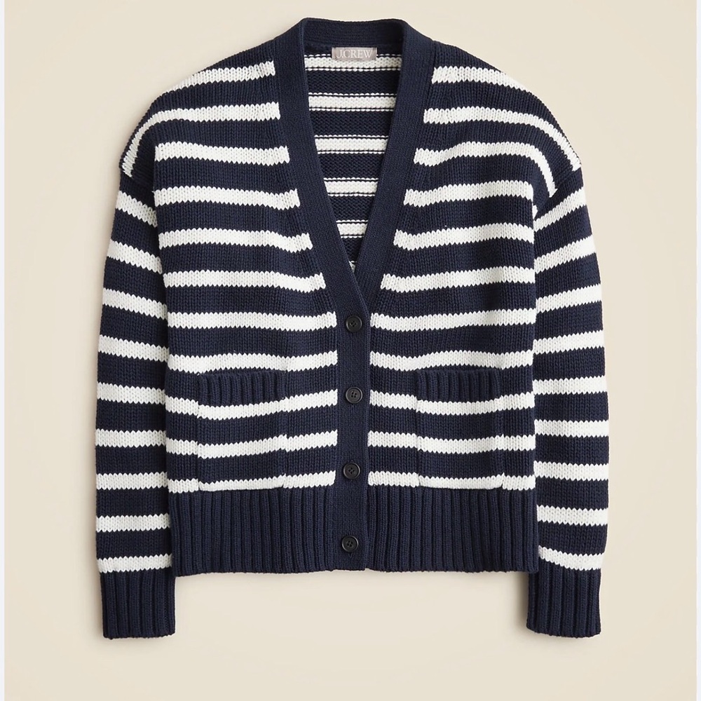 J. Crew Navy and White Striped Cotton Cardigan